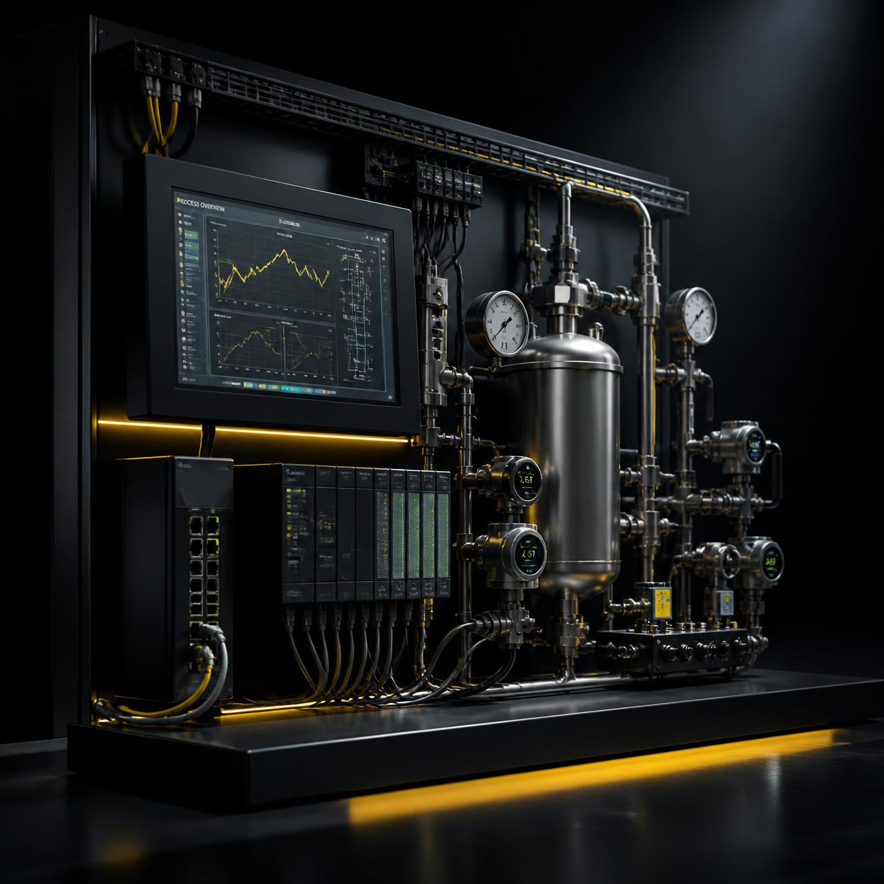 Bancada de controle de processos com CLP, IHM, sensores e instrumentação industrial.